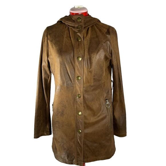 𝅺SAN FRANCISCO Brown Faux Leather Jacket with Hood  and Snap Buttons Size S - Picture 3 of 14